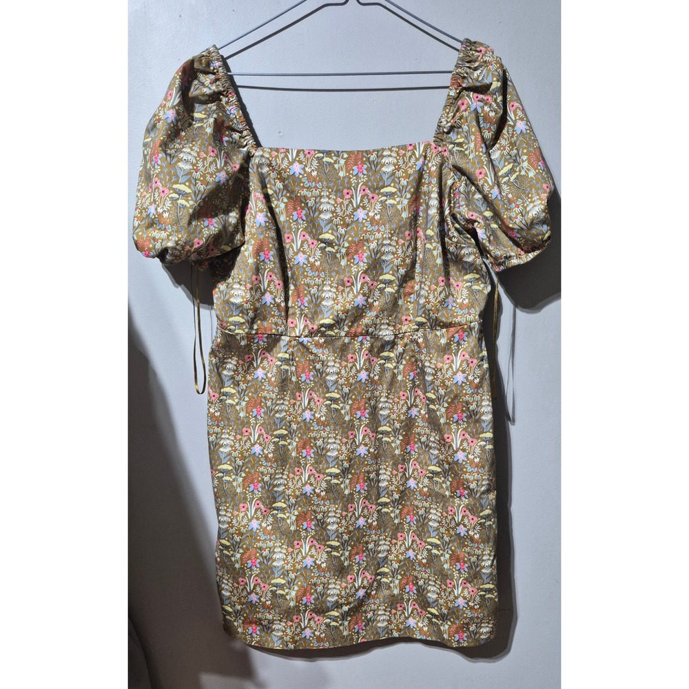 Boden Women Mustard Yellow Floral Puff Sleeve Square Neck Cotton Mini Dress 12R
